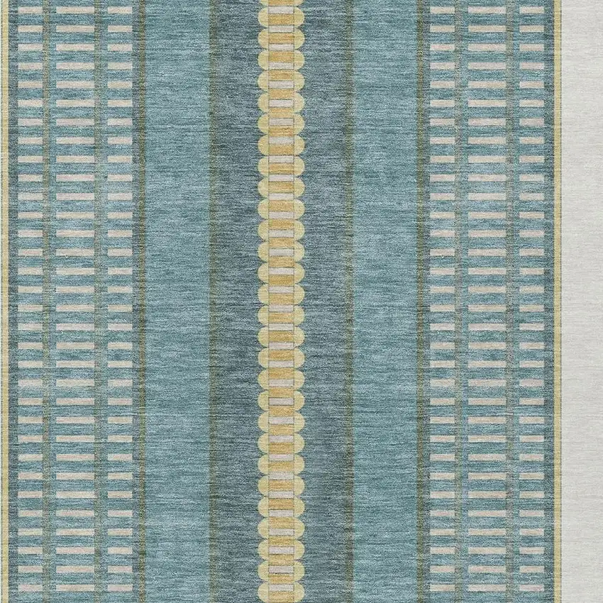 Teal Blue And Gold Striped Washable Indoor Outdoor Area Rug Photo 5