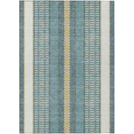 Teal Blue And Gold Striped Washable Indoor Outdoor Area Rug Photo 2