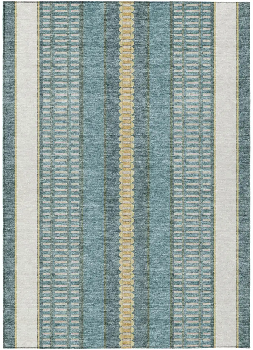 Teal Blue And Gold Striped Washable Indoor Outdoor Area Rug Photo 2