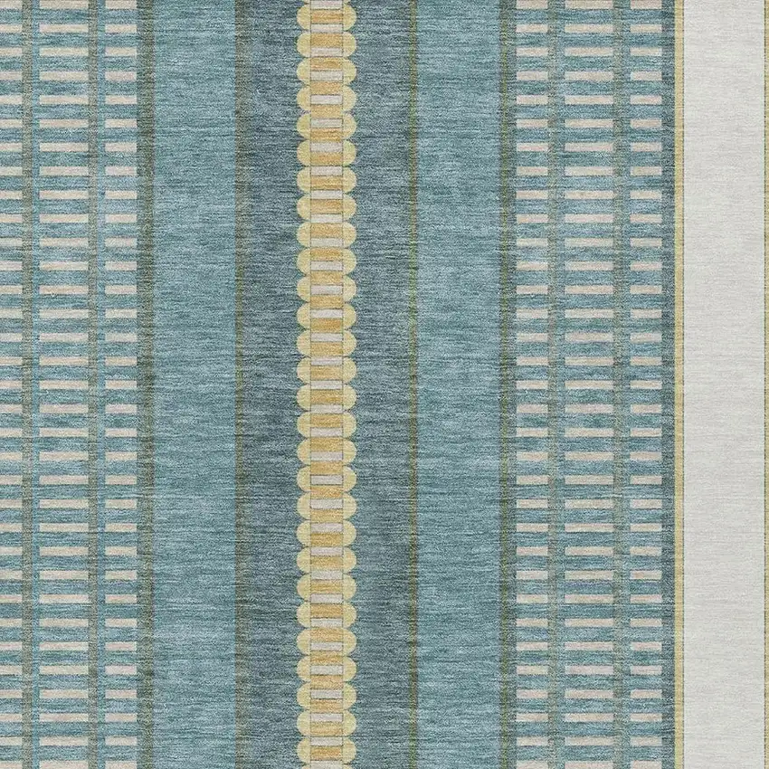 Teal Blue And Gold Striped Washable Indoor Outdoor Area Rug Photo 3