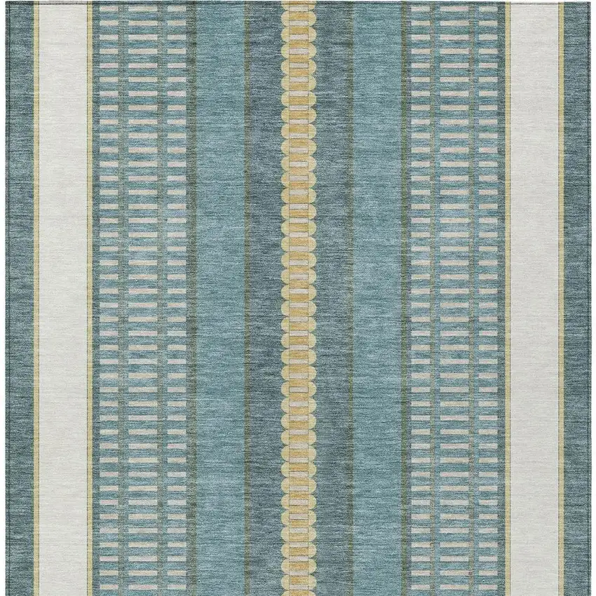 Teal Blue And Gold Striped Washable Indoor Outdoor Area Rug Photo 4