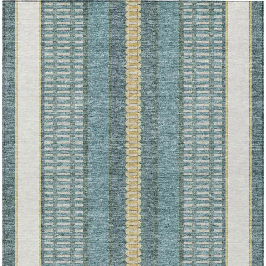 Teal Blue And Gold Striped Washable Indoor Outdoor Area Rug Photo 6