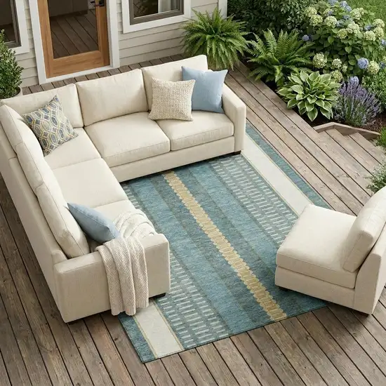 Teal Blue And Gold Striped Washable Indoor Outdoor Area Rug Photo 1