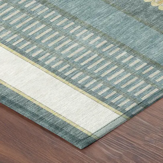 Teal Blue And Gold Striped Washable Indoor Outdoor Area Rug Photo 7