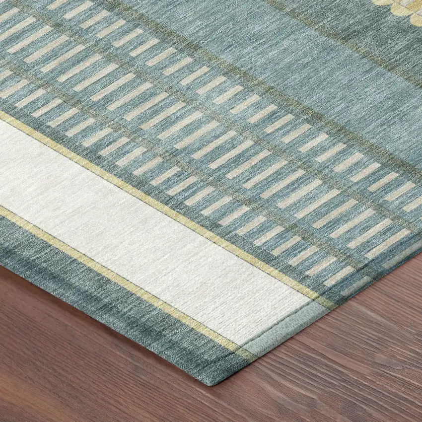 Teal Blue And Gold Striped Washable Indoor Outdoor Area Rug Photo 7
