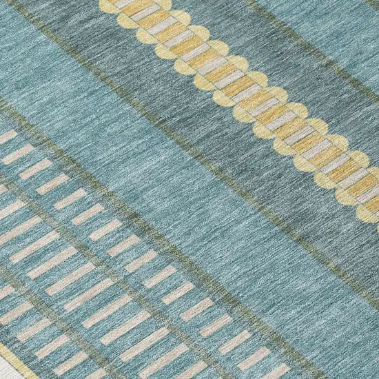 Teal Blue And Gold Striped Washable Indoor Outdoor Area Rug Photo 8
