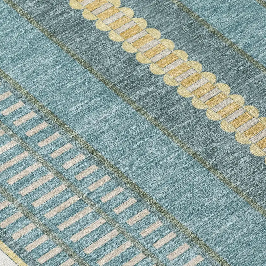 Teal Blue And Gold Striped Washable Indoor Outdoor Area Rug Photo 8
