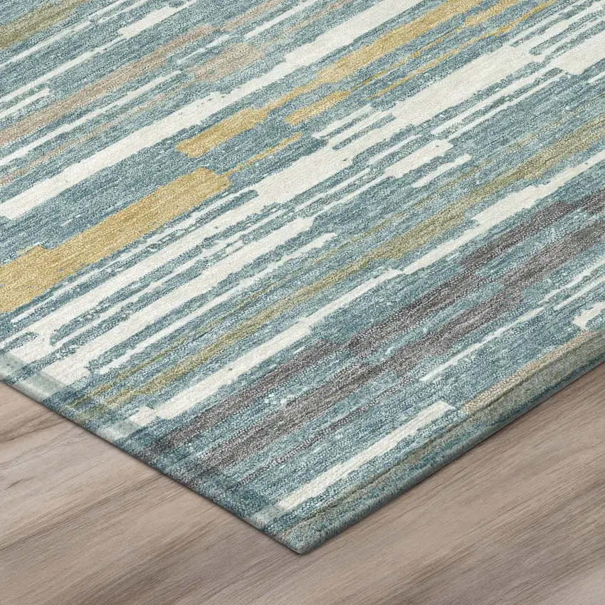 Teal Blue And Gold Striped Washable Indoor Outdoor Area Rug Photo 4
