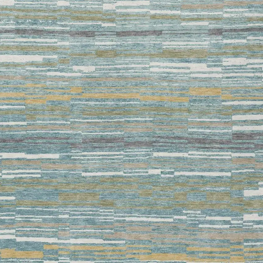 Teal Blue And Gold Striped Washable Indoor Outdoor Area Rug Photo 1