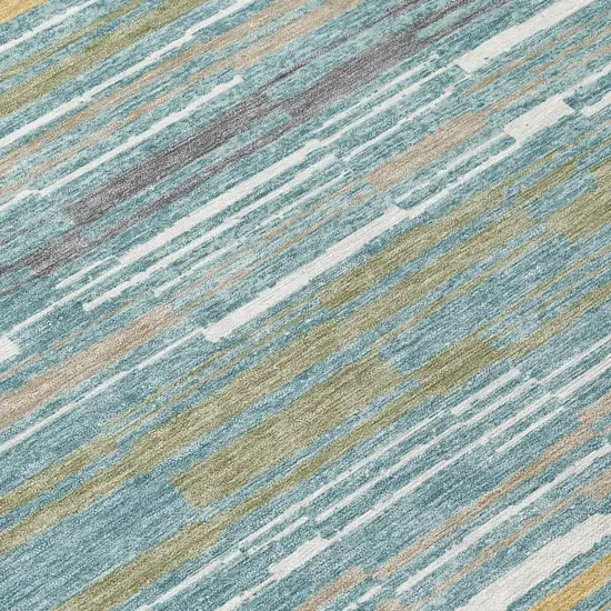 Teal Blue And Gold Striped Washable Indoor Outdoor Area Rug Photo 5
