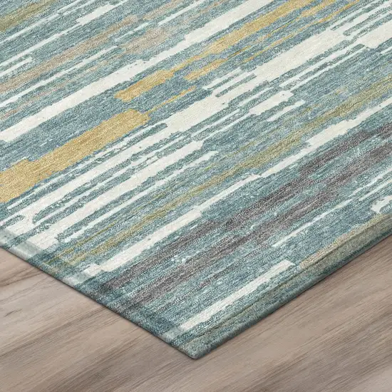 Teal Blue And Gold Striped Washable Indoor Outdoor Area Rug Photo 4