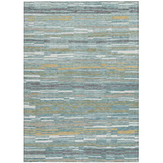 Teal Blue And Gold Striped Washable Indoor Outdoor Area Rug Photo 3
