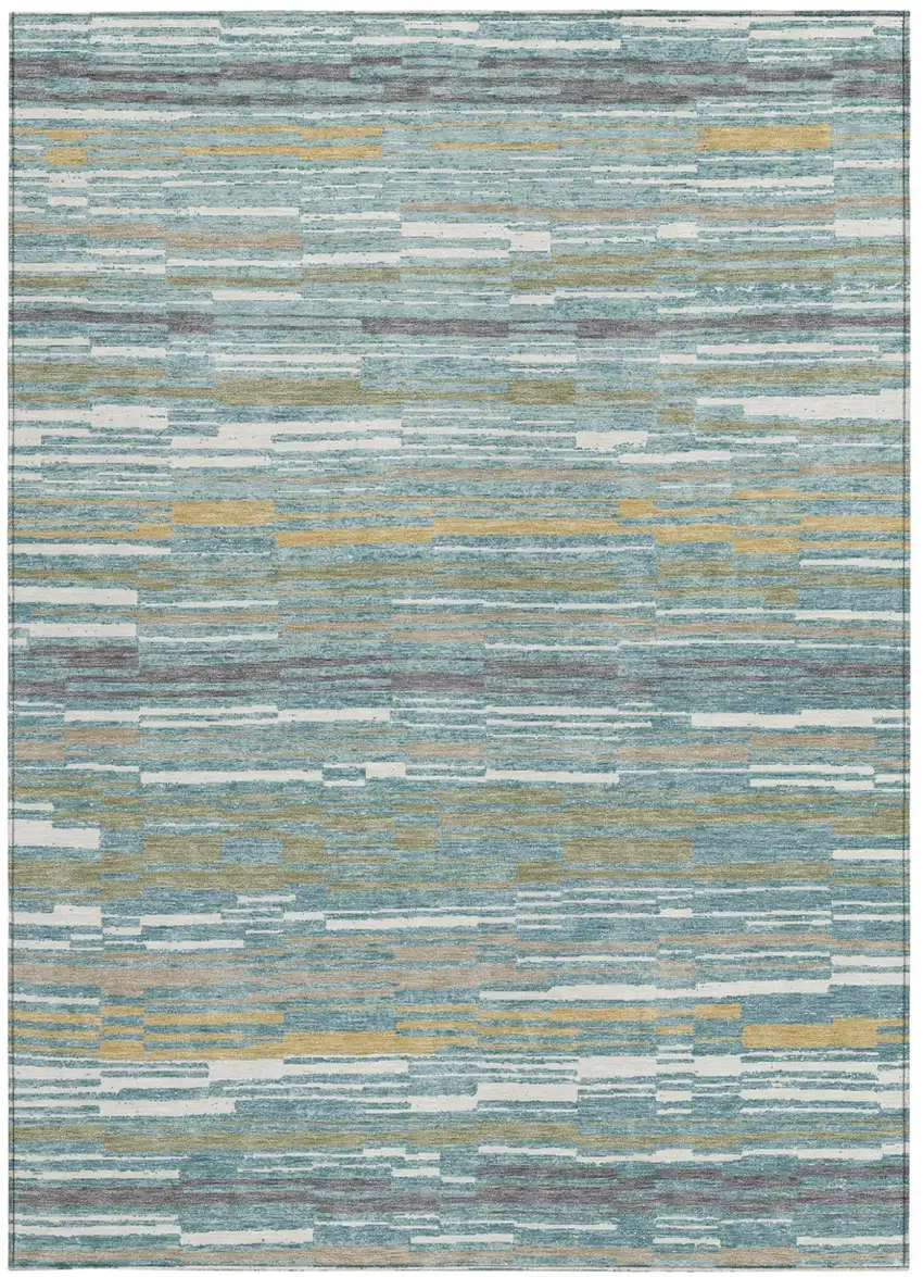 Teal Blue And Gold Striped Washable Indoor Outdoor Area Rug Photo 3