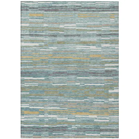 Teal Blue And Gold Striped Washable Indoor Outdoor Area Rug Photo 2
