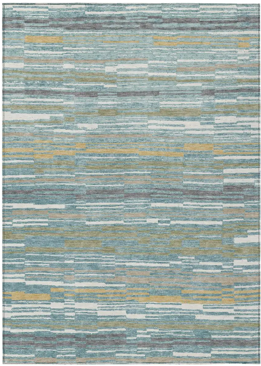 Teal Blue And Gold Striped Washable Indoor Outdoor Area Rug Photo 2