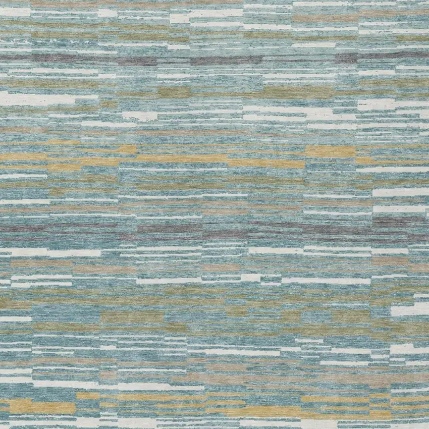 Teal Blue And Gold Striped Washable Indoor Outdoor Area Rug Photo 1