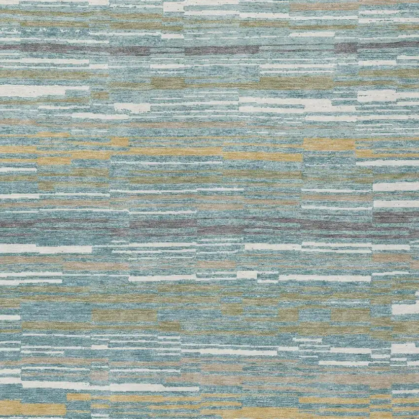 Teal Blue And Gold Striped Washable Indoor Outdoor Area Rug Photo 3
