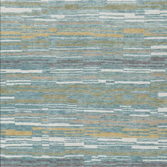 Teal Blue And Gold Striped Washable Indoor Outdoor Area Rug Photo 2