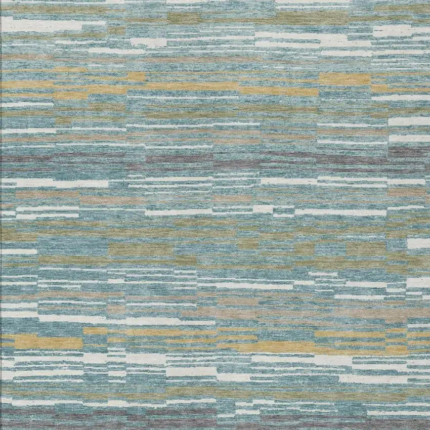 Teal Blue And Gold Striped Washable Indoor Outdoor Area Rug Photo 2