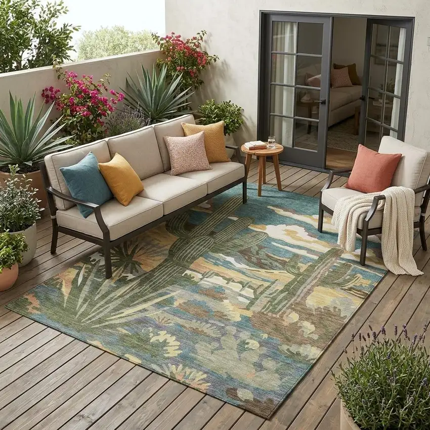 Teal Blue And Gold Trees Washable Indoor Outdoor Area Rug Photo 1