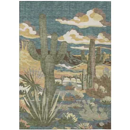 Teal Blue And Gold Trees Washable Indoor Outdoor Area Rug Photo 2