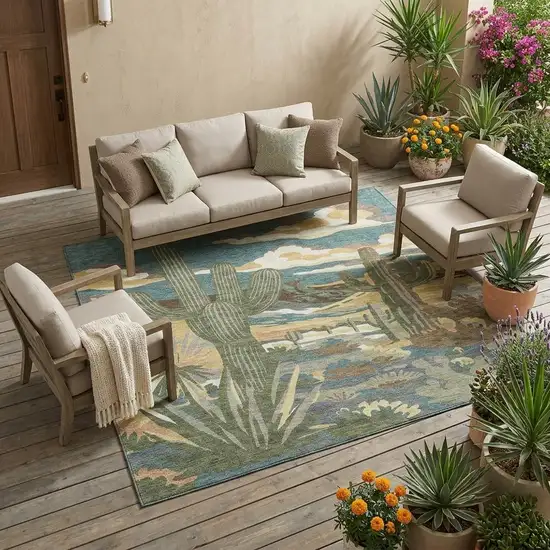 Teal Blue And Gold Trees Washable Indoor Outdoor Area Rug Photo 1