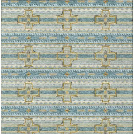 Teal Blue And Gold Tribal Washable Indoor Outdoor Area Rug Photo 4
