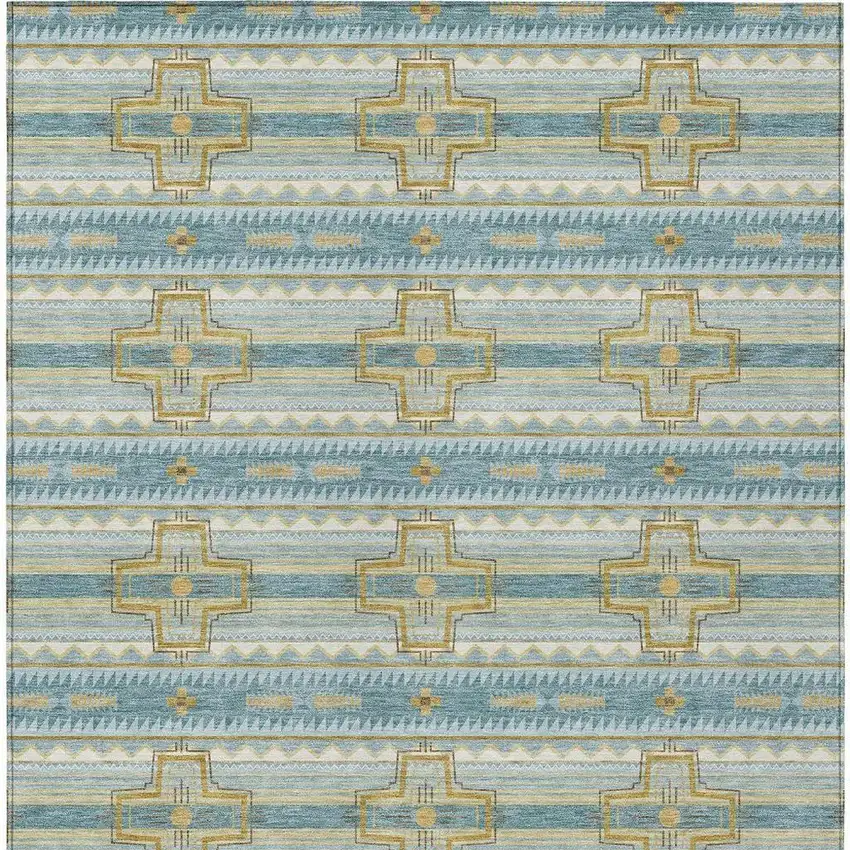 Teal Blue And Gold Tribal Washable Indoor Outdoor Area Rug Photo 4