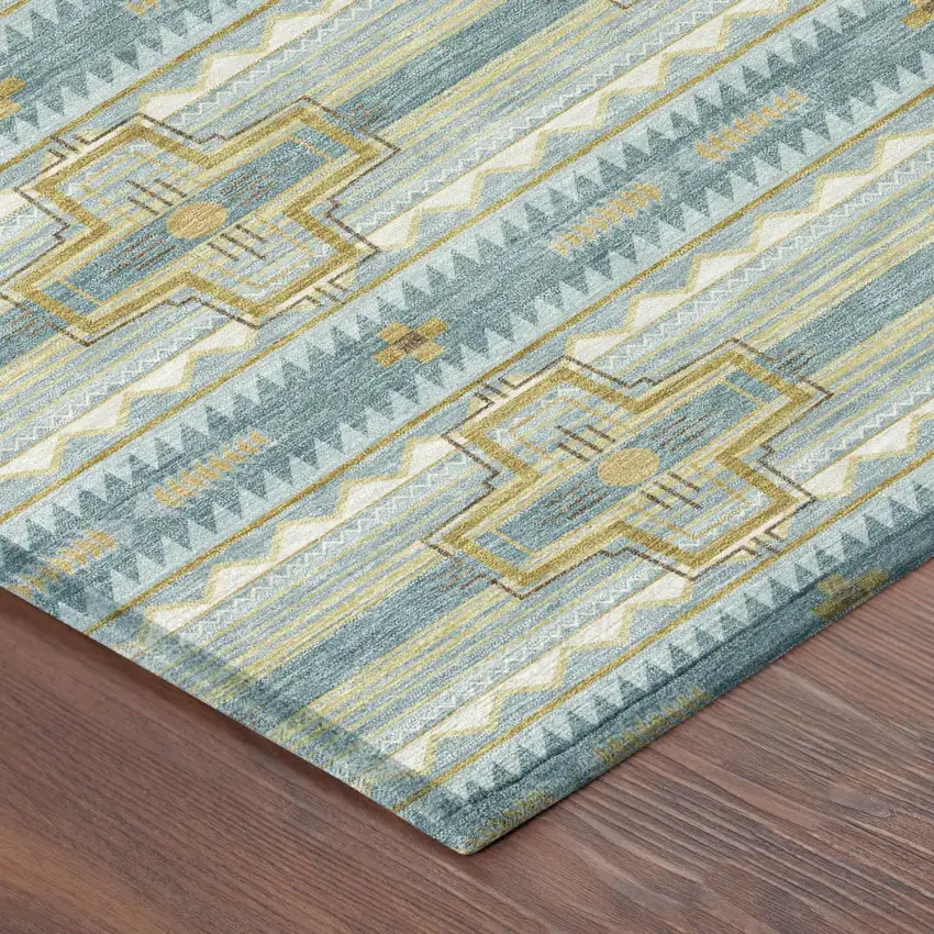 Teal Blue And Gold Tribal Washable Indoor Outdoor Area Rug Photo 7