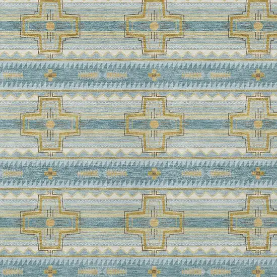 Teal Blue And Gold Tribal Washable Indoor Outdoor Area Rug Photo 3