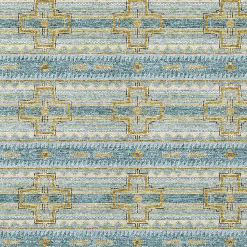Teal Blue And Gold Tribal Washable Indoor Outdoor Area Rug Photo 3