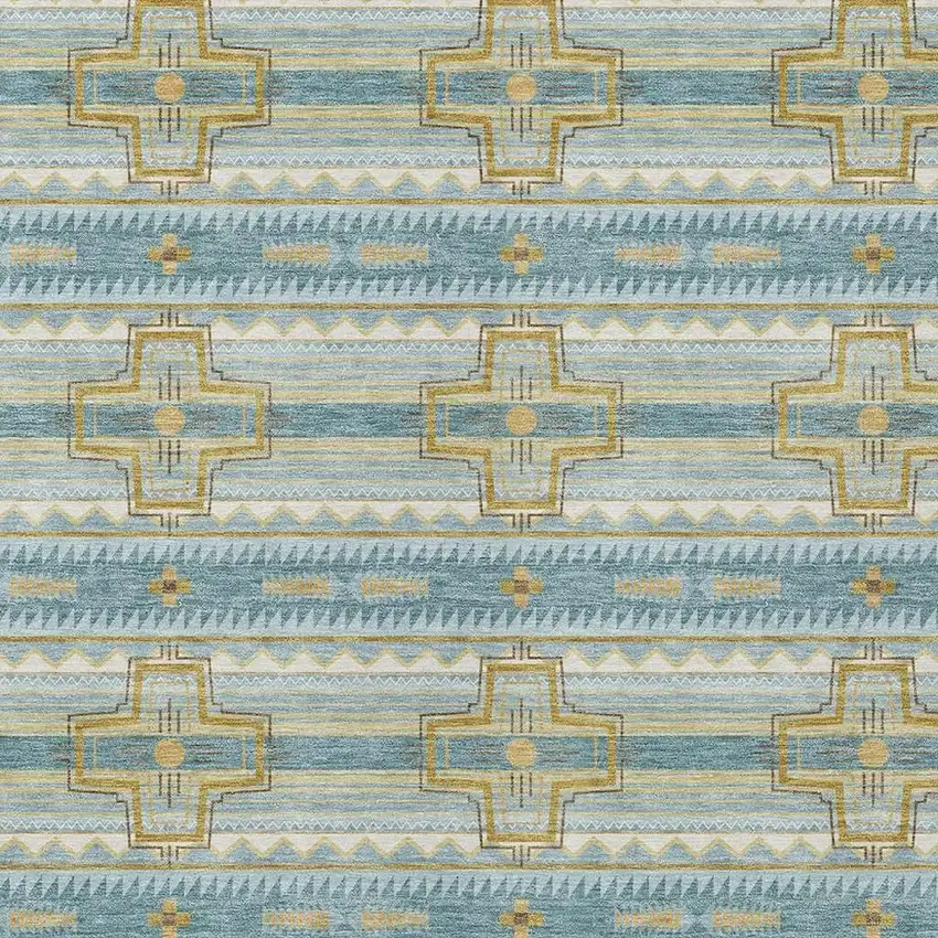 Teal Blue And Gold Tribal Washable Indoor Outdoor Area Rug Photo 5