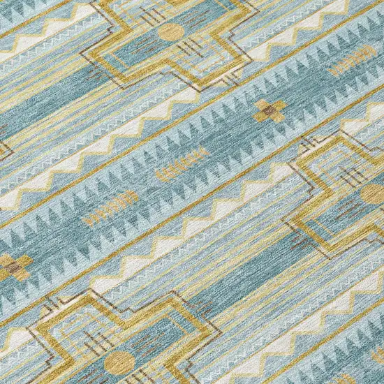 Teal Blue And Gold Tribal Washable Indoor Outdoor Area Rug Photo 8