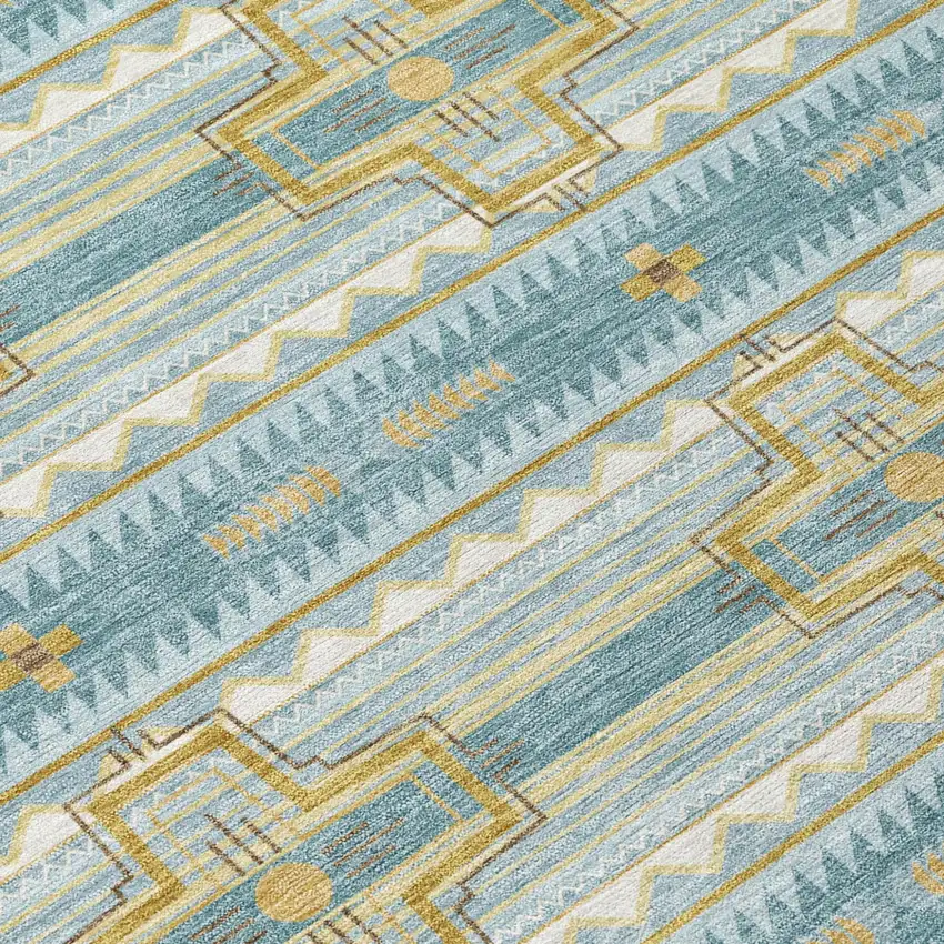 Teal Blue And Gold Tribal Washable Indoor Outdoor Area Rug Photo 8