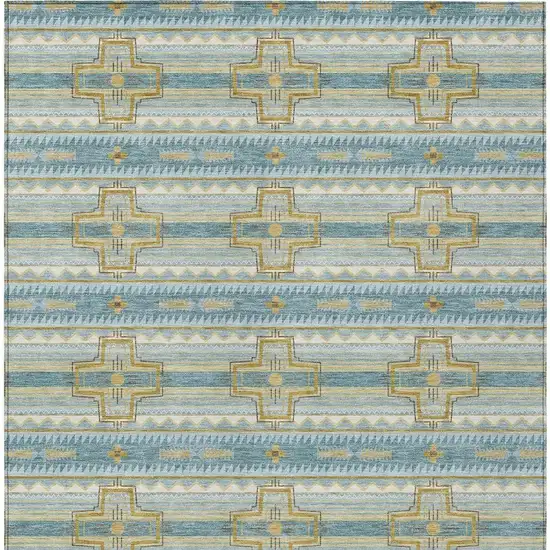 Teal Blue And Gold Tribal Washable Indoor Outdoor Area Rug Photo 6
