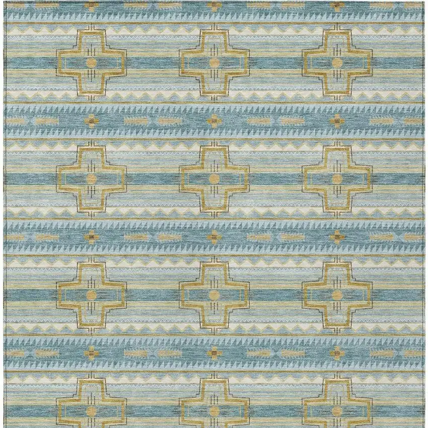 Teal Blue And Gold Tribal Washable Indoor Outdoor Area Rug Photo 6