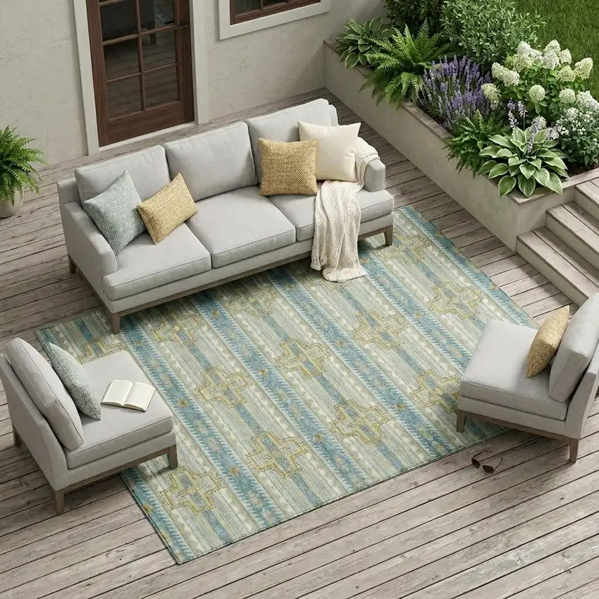 Teal Blue And Gold Tribal Washable Indoor Outdoor Area Rug Photo 1