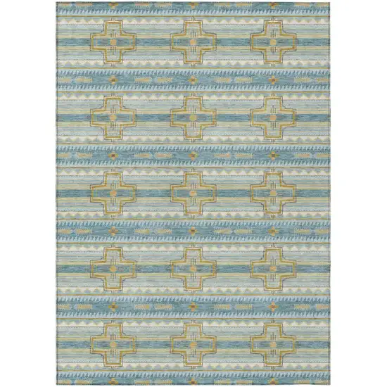 Teal Blue And Gold Tribal Washable Indoor Outdoor Area Rug Photo 2