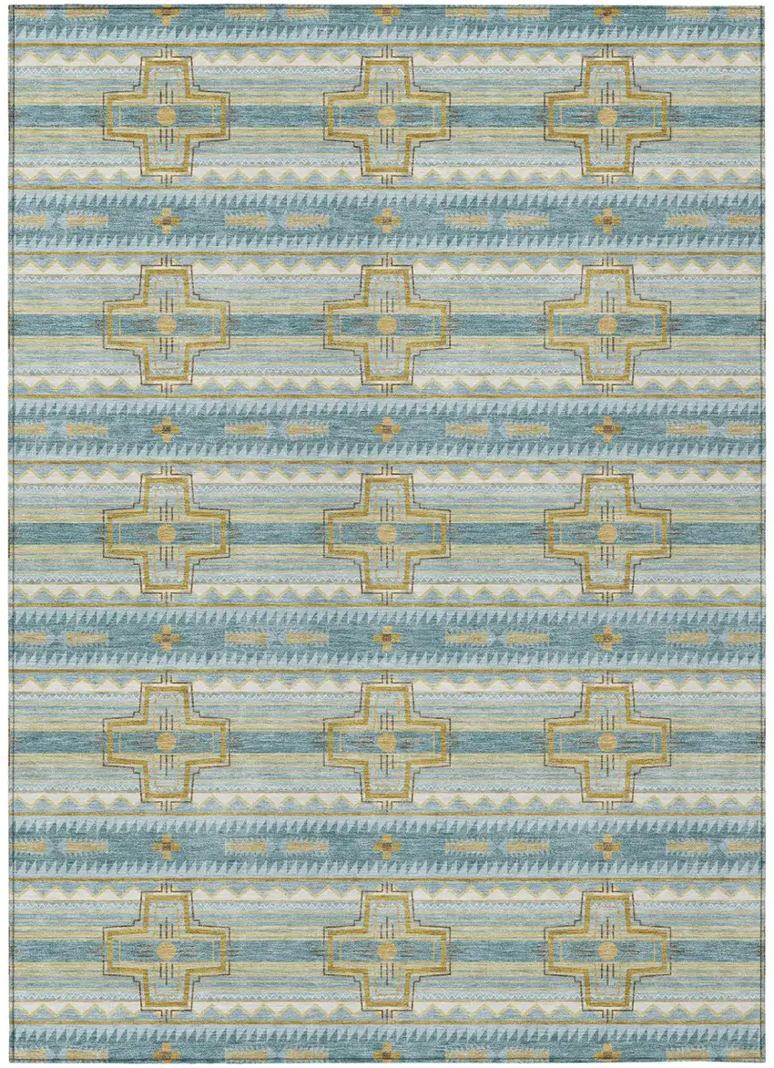 Teal Blue And Gold Tribal Washable Indoor Outdoor Area Rug Photo 2