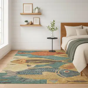 Photo of Teal Blue And Gold Tropical Fish Washable Indoor Outdoor Area Rug