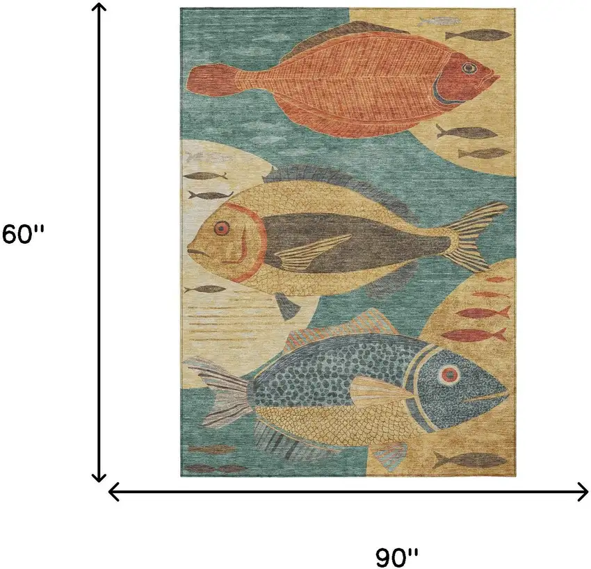 Teal Blue And Gold Tropical Fish Washable Indoor Outdoor Area Rug Photo 6