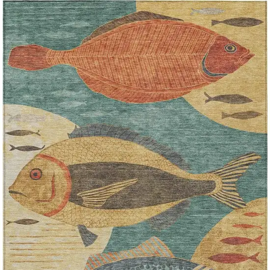 Teal Blue And Gold Tropical Fish Washable Indoor Outdoor Area Rug Photo 3