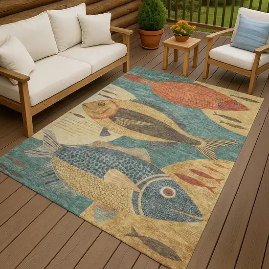 Teal Blue And Gold Tropical Fish Washable Indoor Outdoor Area Rug Photo 4