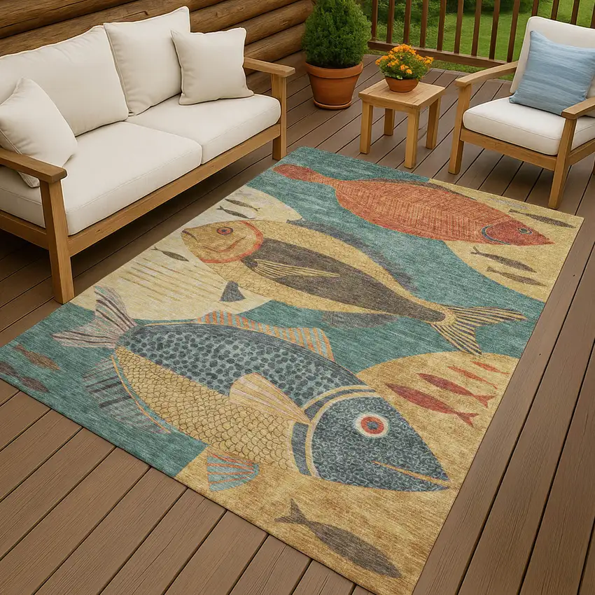 Teal Blue And Gold Tropical Fish Washable Indoor Outdoor Area Rug Photo 4