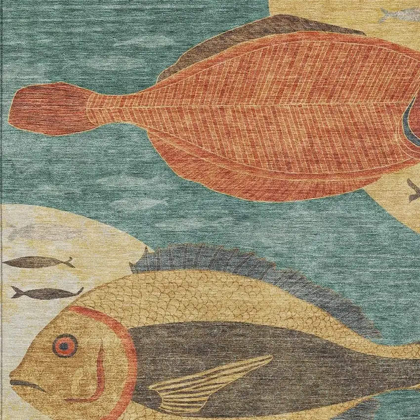 Teal Blue And Gold Tropical Fish Washable Indoor Outdoor Area Rug Photo 2