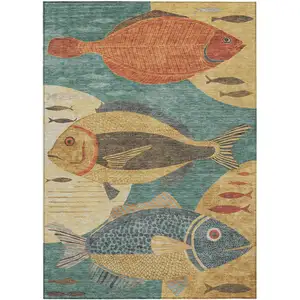 Photo of Teal Blue And Gold Tropical Fish Washable Indoor Outdoor Area Rug