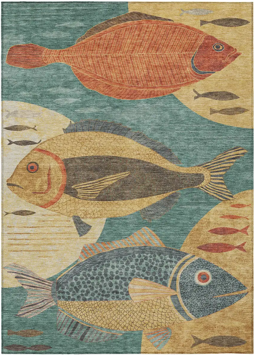 Teal Blue And Gold Tropical Fish Washable Indoor Outdoor Area Rug Photo 1