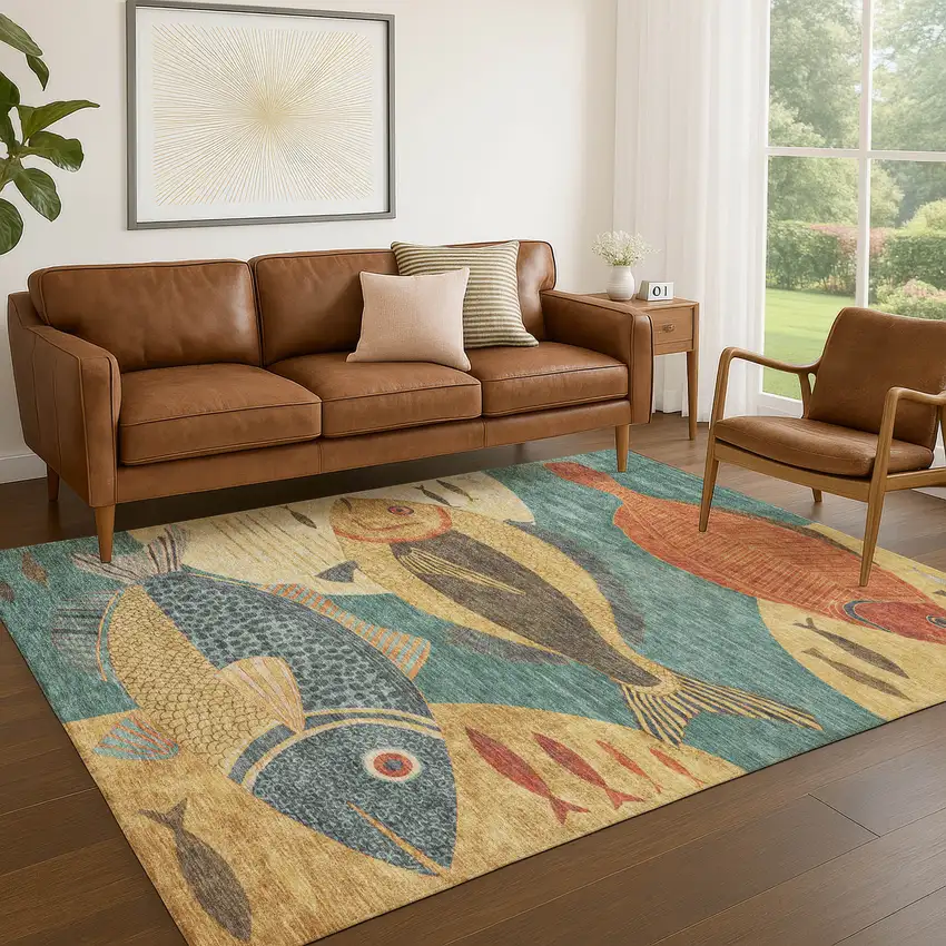 Teal Blue And Gold Tropical Fish Washable Indoor Outdoor Area Rug Photo 5