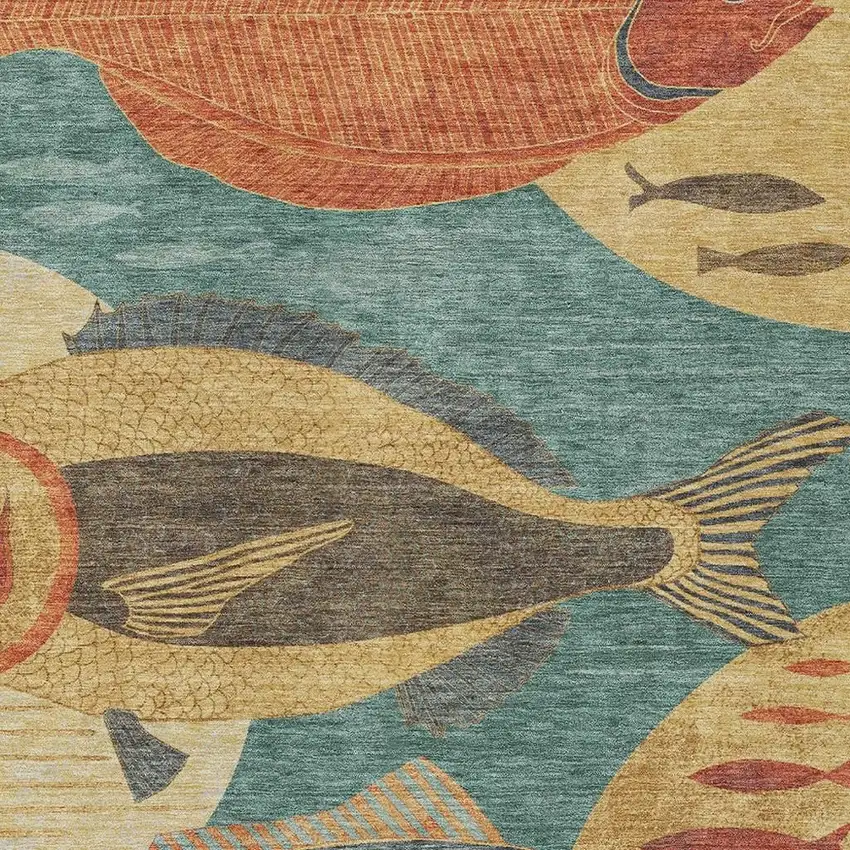 Teal Blue And Gold Tropical Fish Washable Indoor Outdoor Area Rug Photo 2