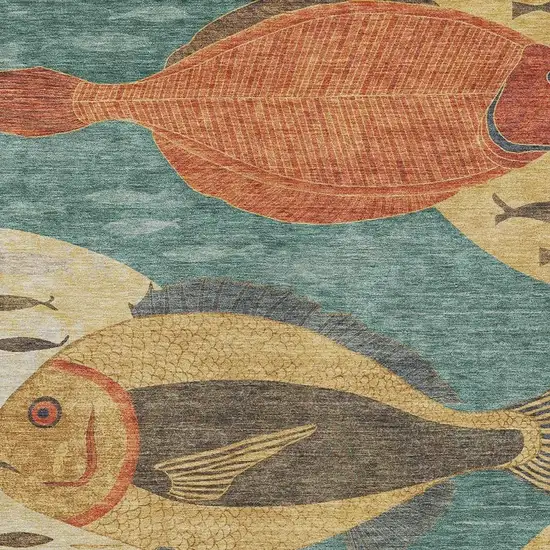 Teal Blue And Gold Tropical Fish Washable Indoor Outdoor Area Rug Photo 2